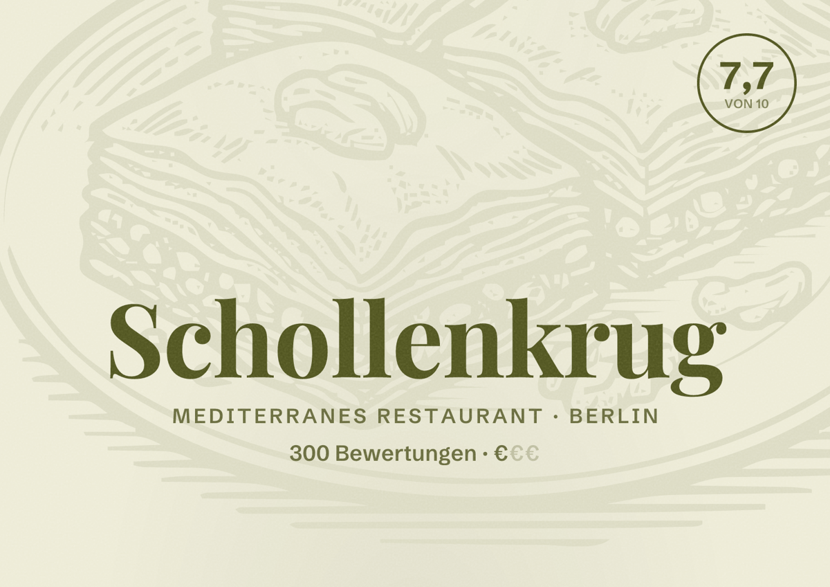 Illustriertes Poster von Schollenkrug, Mediterranes Restaurant in Berlin: Bewertung 7,7 von 10 aus 300 Bewertungen, Preisniveau €