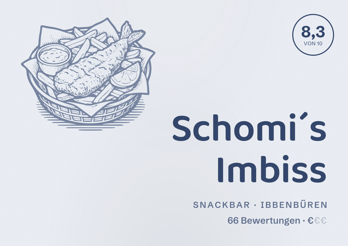 Illustriertes Poster von Schomi´s Imbiss, Snackbar in Ibbenbüren: Bewertung 8,3 von 10 aus 66 Bewertungen, Preisniveau €