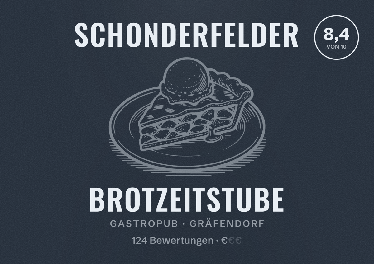 Illustriertes Poster von Schonderfelder Brotzeitstube, Gastropub in Gräfendorf: Bewertung 8,4 von 10 aus 124 Bewertungen, Preisniveau €