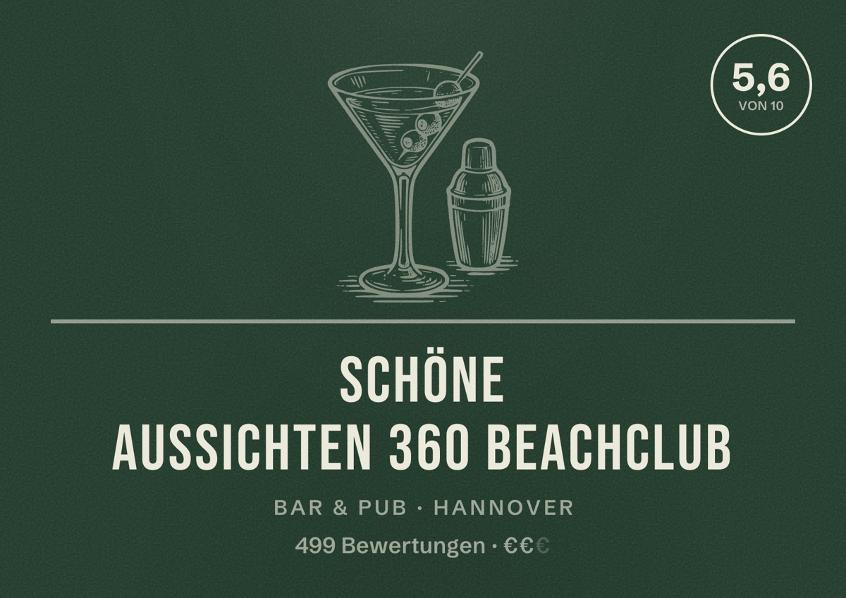 Illustriertes Poster von Schöne Aussichten 360 Beachclub, Bar & Pub in Hannover: Bewertung 5,6 von 10 aus 499 Bewertungen, Preisniveau €€