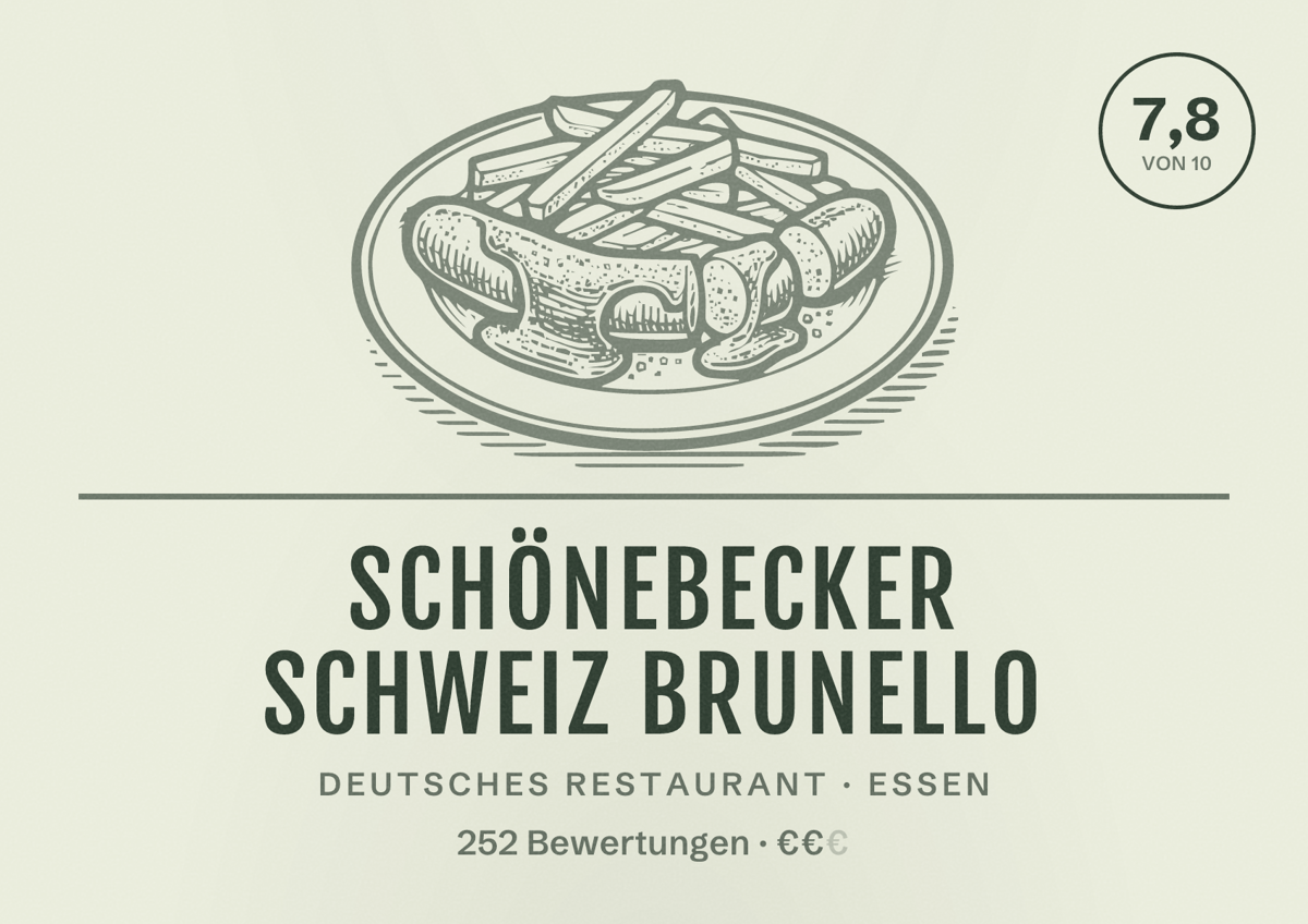 Illustriertes Poster von Schönebecker Schweiz Brunello, Deutsches Restaurant in Essen: Bewertung 7,8 von 10 aus 252 Bewertungen, Preisniveau €€