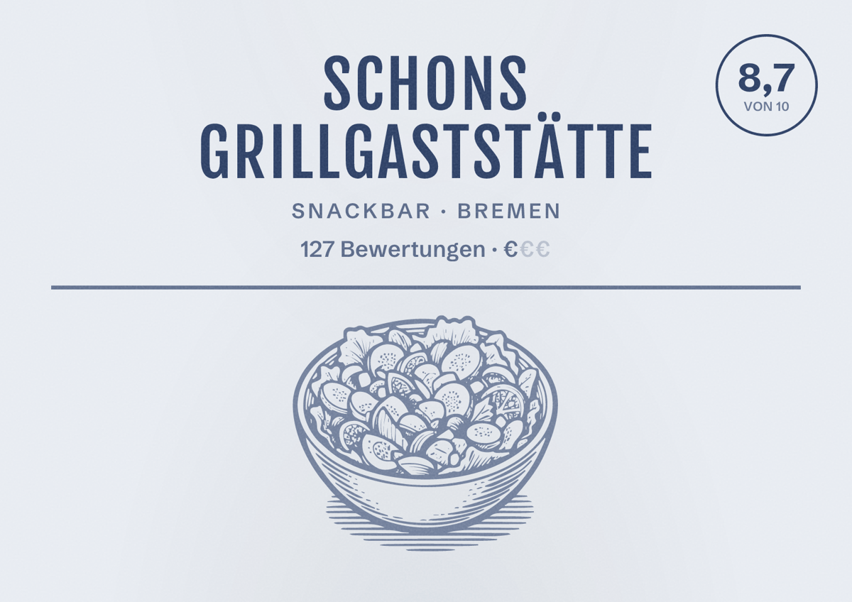 Illustriertes Poster von Schons Grillgaststätte, Snackbar in Bremen: Bewertung 8,7 von 10 aus 127 Bewertungen, Preisniveau €