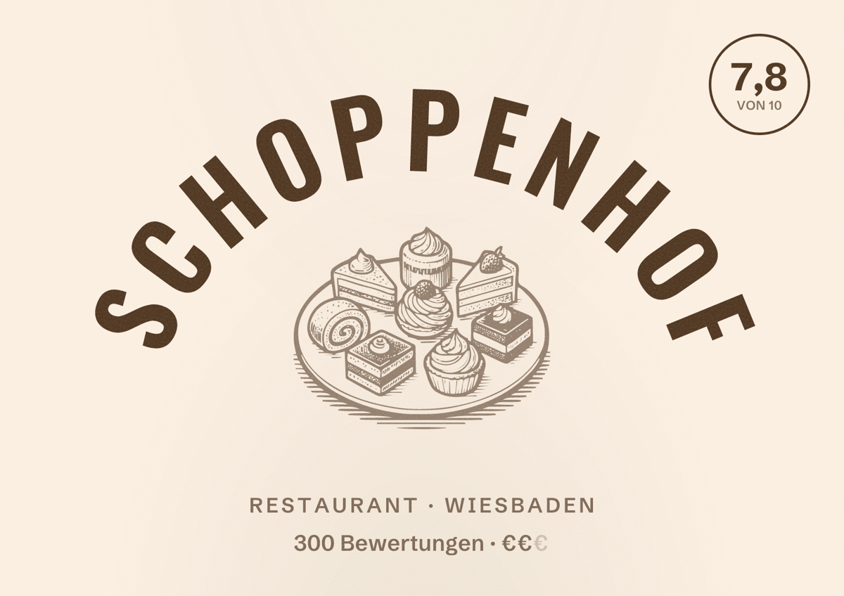 Illustriertes Poster von Schoppenhof, Restaurant in Wiesbaden: Bewertung 7,8 von 10 aus 300 Bewertungen, Preisniveau €€