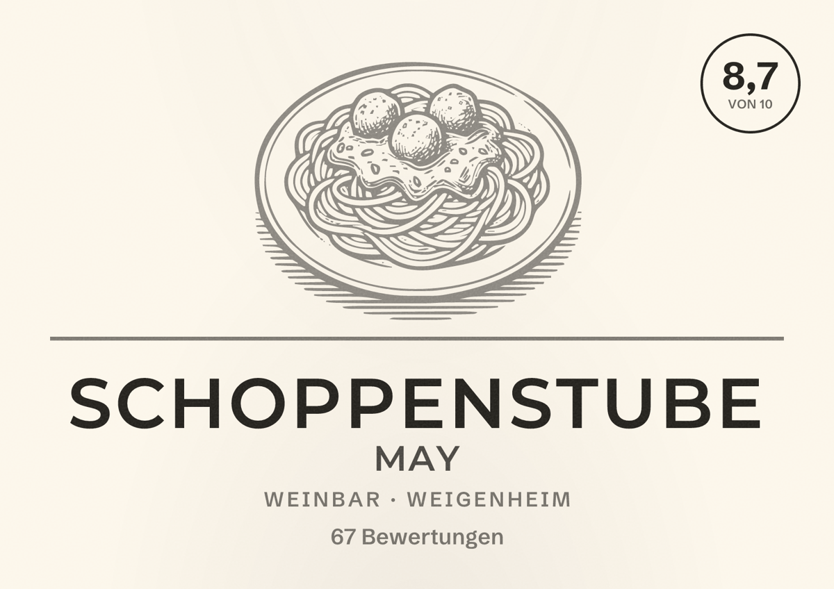 Illustriertes Poster von Schoppenstube May, Weinbar in Weigenheim: Bewertung 8,7 von 10 aus 67 Bewertungen
