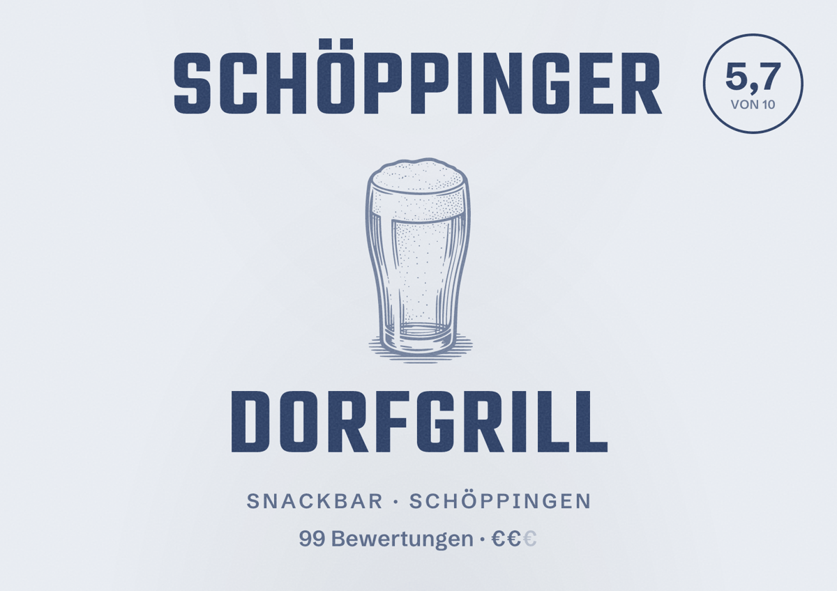 Illustriertes Poster von Schöppinger Dorfgrill, Snackbar in Schöppingen: Bewertung 5,7 von 10 aus 99 Bewertungen, Preisniveau €€