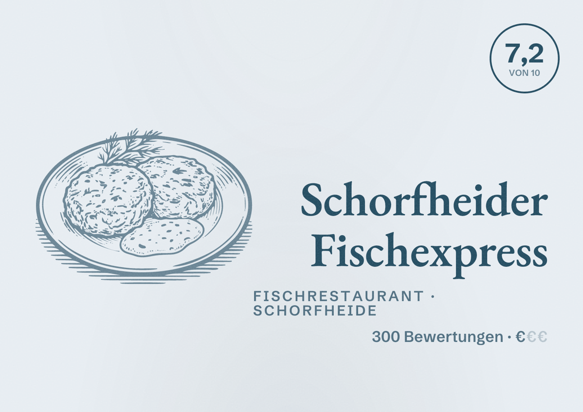 Illustriertes Poster von Schorfheider Fischexpress, Fischrestaurant in Schorfheide: Bewertung 7,2 von 10 aus 300 Bewertungen, Preisniveau €