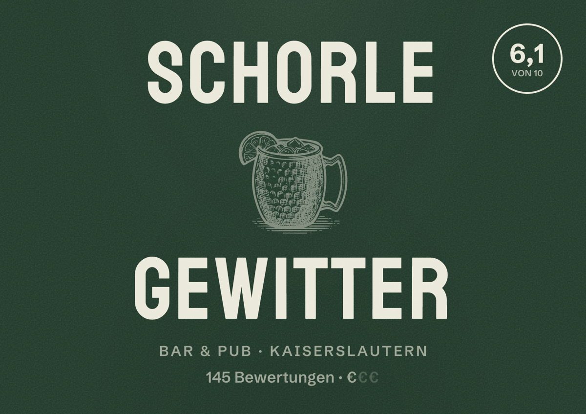 Illustriertes Poster von Schorle Gewitter, Bar & Pub in Kaiserslautern: Bewertung 6,1 von 10 aus 145 Bewertungen, Preisniveau €