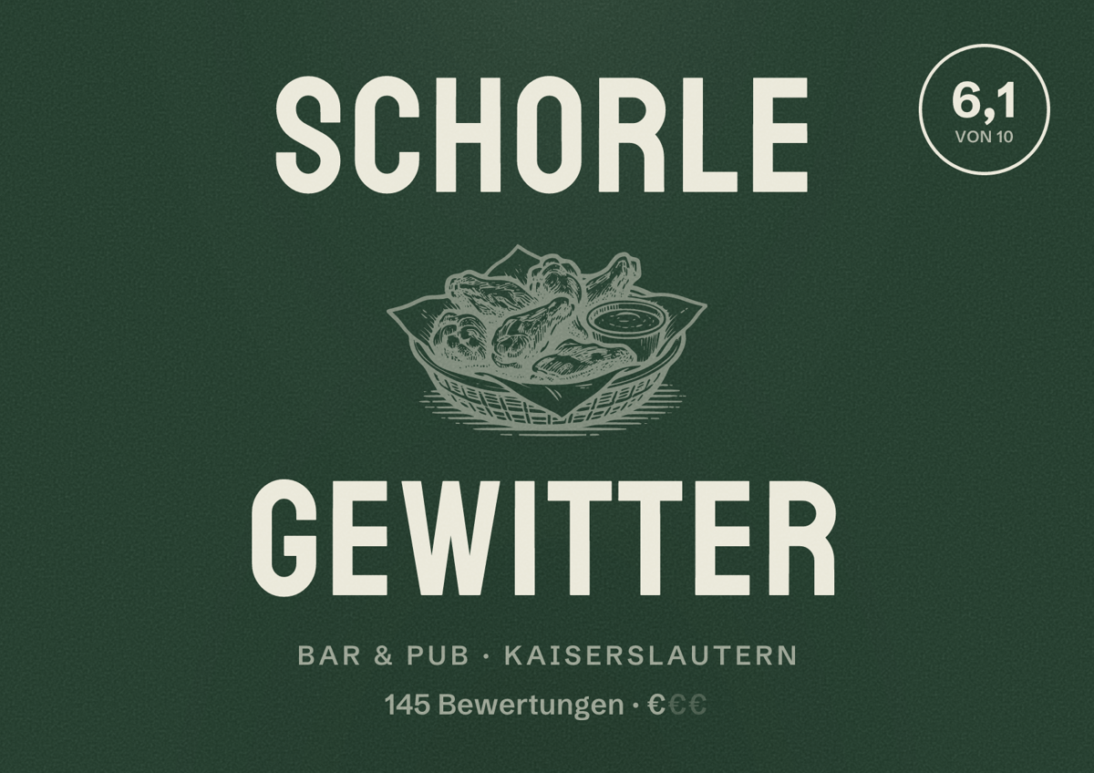 Illustriertes Poster von Schorle Gewitter, Bar & Pub in Kaiserslautern: Bewertung 6,1 von 10 aus 145 Bewertungen, Preisniveau €
