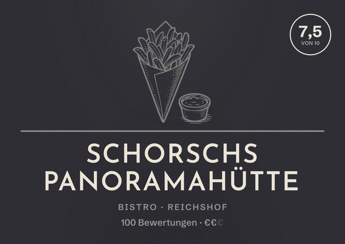 Illustriertes Poster von Schorschs Panoramahütte, Bistro in Reichshof: Bewertung 7,5 von 10 aus 100 Bewertungen, Preisniveau €€