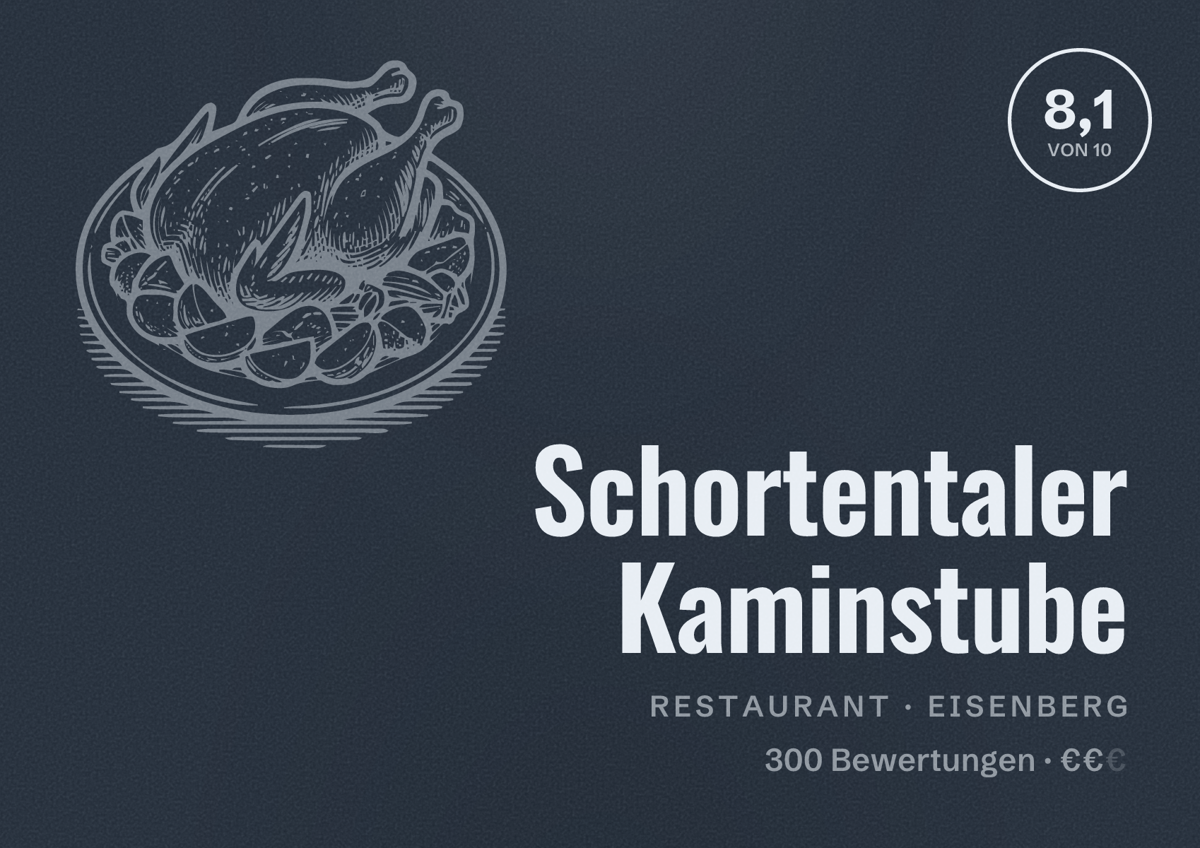 Illustriertes Poster von Schortentaler Kaminstube, Restaurant in Eisenberg: Bewertung 8,1 von 10 aus 300 Bewertungen, Preisniveau €€