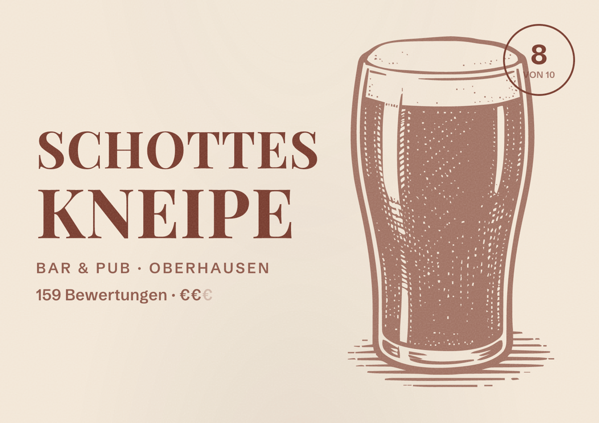 Illustriertes Poster von Schottes Kneipe, Bar & Pub in Oberhausen: Bewertung 8 von 10 aus 159 Bewertungen, Preisniveau €€