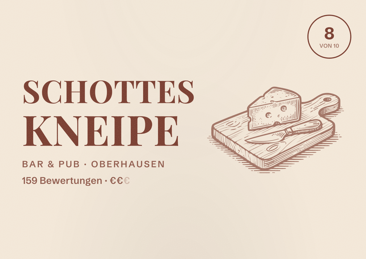 Illustriertes Poster von Schottes Kneipe, Bar & Pub in Oberhausen: Bewertung 8 von 10 aus 159 Bewertungen, Preisniveau €€