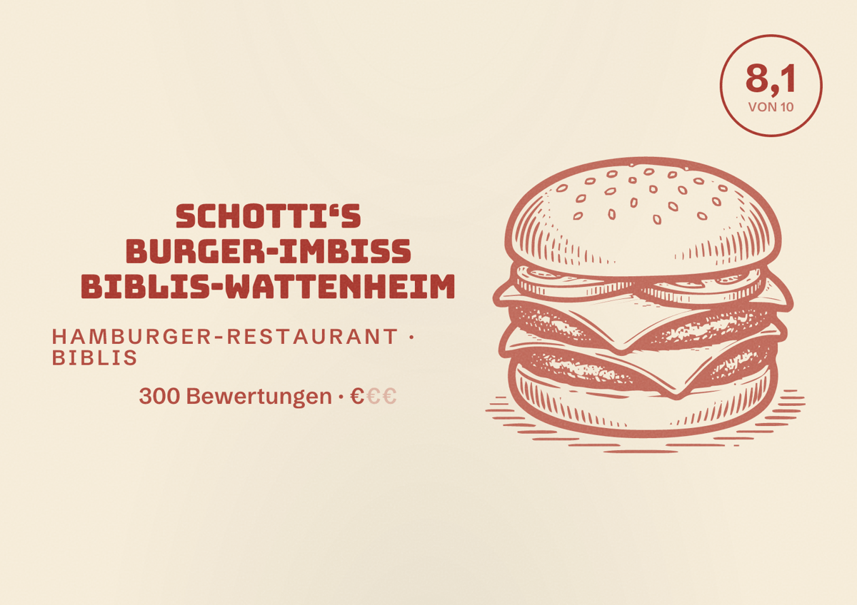 Illustriertes Poster von Schotti‘s Burger-Imbiss Biblis-Wattenheim, Hamburger-Restaurant in Biblis: Bewertung 8,1 von 10 aus 300 Bewertungen, Preisniveau €