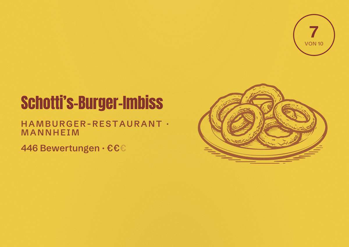 Illustriertes Poster von Schotti’s-Burger-Imbiss, Hamburger-Restaurant in Mannheim: Bewertung 7 von 10 aus 446 Bewertungen, Preisniveau €€
