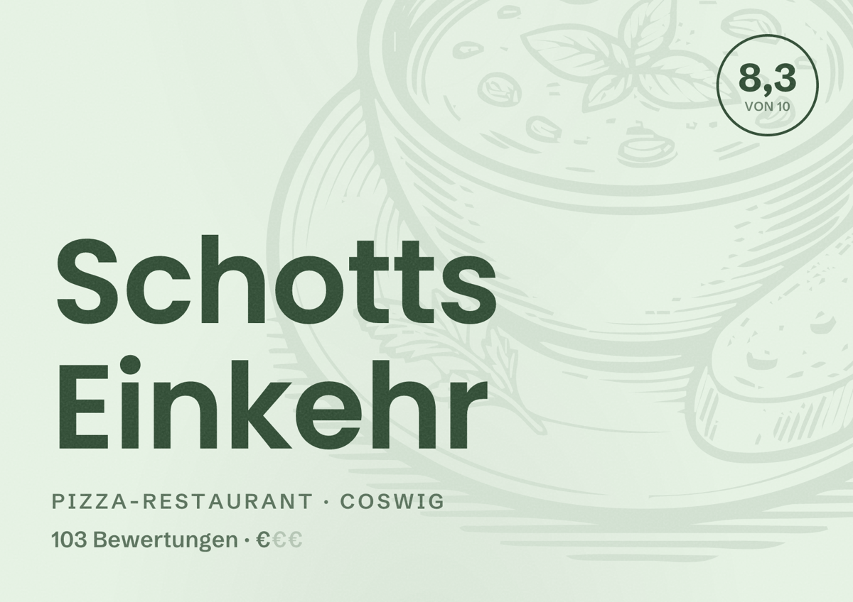 Illustriertes Poster von Schotts Einkehr, Pizza-Restaurant in Coswig: Bewertung 8,3 von 10 aus 103 Bewertungen, Preisniveau €
