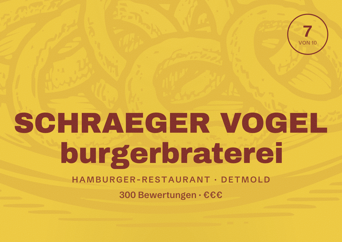 Illustriertes Poster von SCHRAEGER VOGEL burgerbraterei, Hamburger-Restaurant in Detmold: Bewertung 7 von 10 aus 300 Bewertungen, Preisniveau €€€