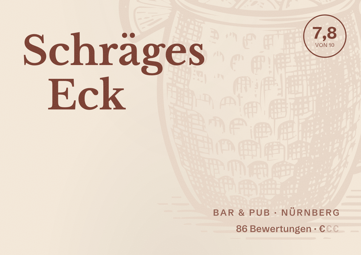 Illustriertes Poster von Schräges Eck, Bar & Pub in Nürnberg: Bewertung 7,8 von 10 aus 86 Bewertungen, Preisniveau €