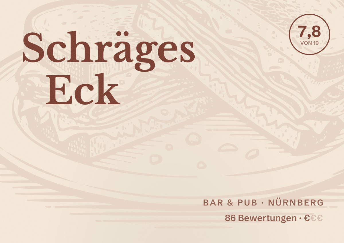 Illustriertes Poster von Schräges Eck, Bar & Pub in Nürnberg: Bewertung 7,8 von 10 aus 86 Bewertungen, Preisniveau €