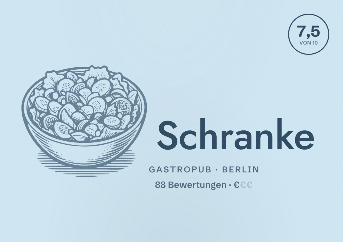 Illustriertes Poster von Schranke, Gastropub in Berlin: Bewertung 7,5 von 10 aus 88 Bewertungen, Preisniveau €