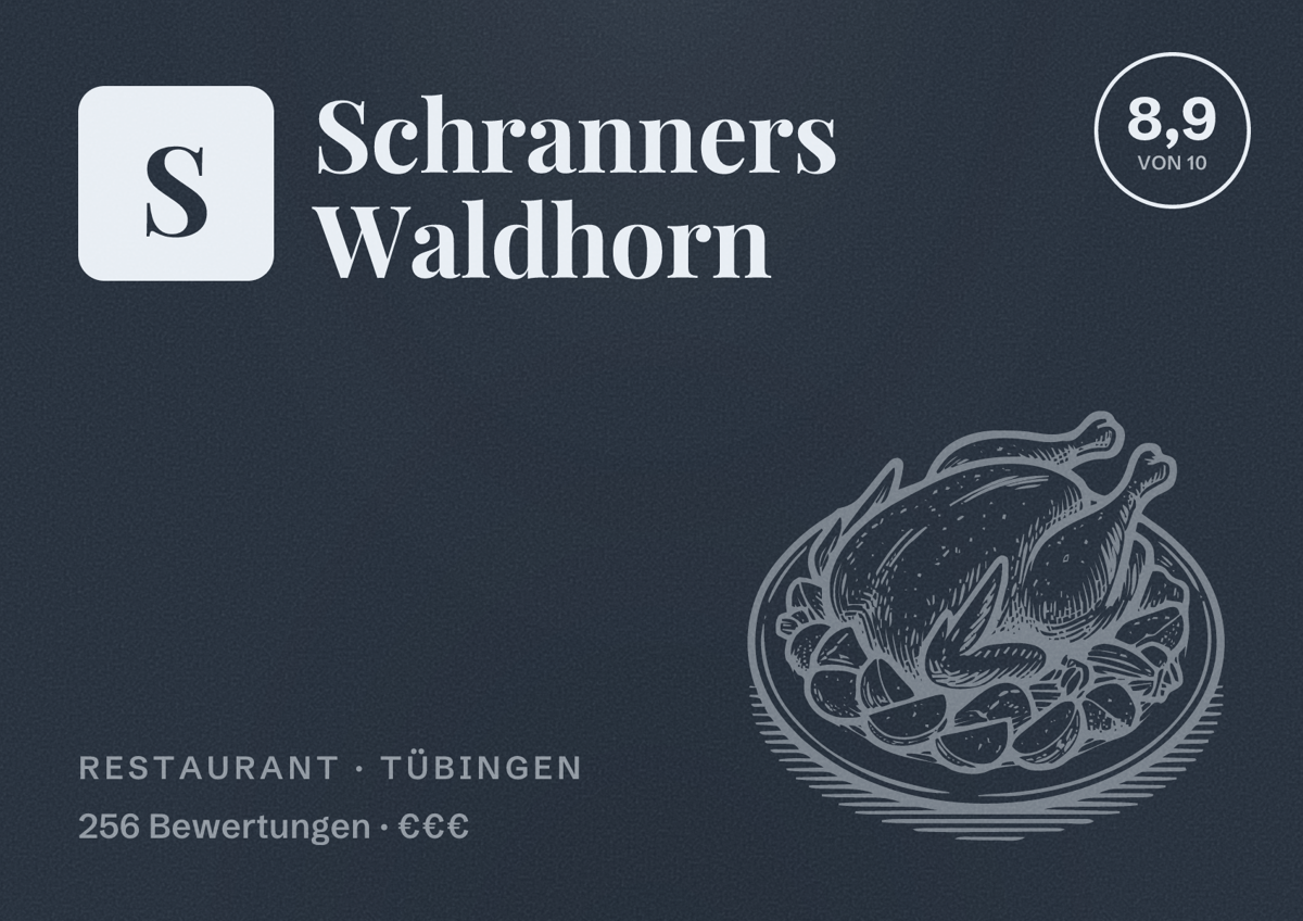 Illustriertes Poster von Schranners Waldhorn, Restaurant in Tübingen: Bewertung 8,9 von 10 aus 256 Bewertungen, Preisniveau €€€
