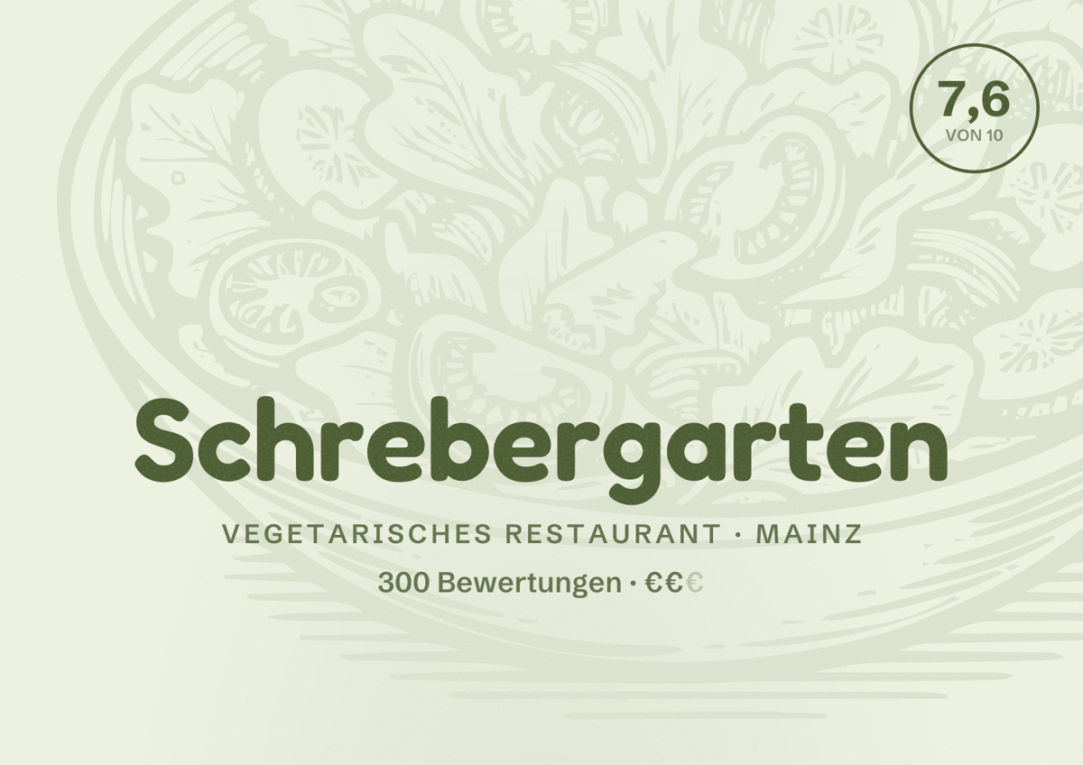 Illustriertes Poster von Schrebergarten, Vegetarisches Restaurant in Mainz: Bewertung 7,6 von 10 aus 300 Bewertungen, Preisniveau €€