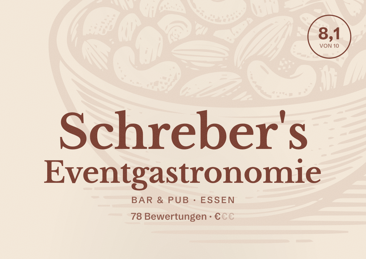 Illustriertes Poster von Schreber's Eventgastronomie, Bar & Pub in Essen: Bewertung 8,1 von 10 aus 78 Bewertungen, Preisniveau €
