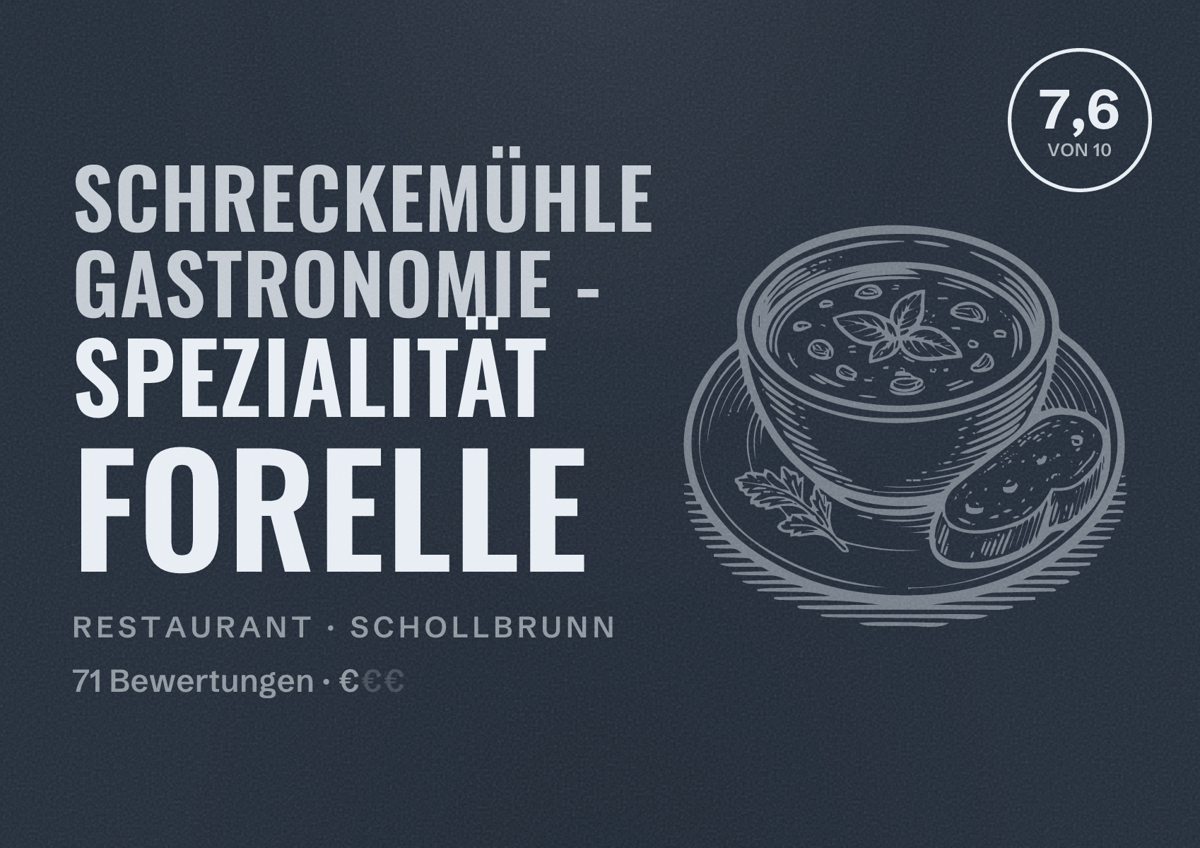 Illustriertes Poster von Schreckemühle Gastronomie - Spezialität Forelle, Restaurant in Schollbrunn: Bewertung 7,6 von 10 aus 71 Bewertungen, Preisniveau €