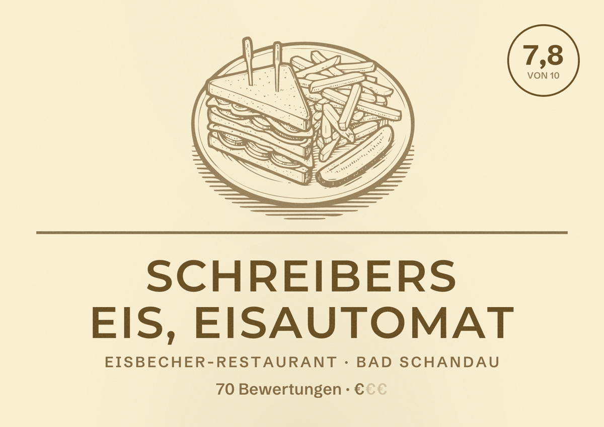 Illustriertes Poster von Schreibers Eis, Eisautomat, Eisbecher-Restaurant in Bad Schandau: Bewertung 7,8 von 10 aus 70 Bewertungen, Preisniveau €