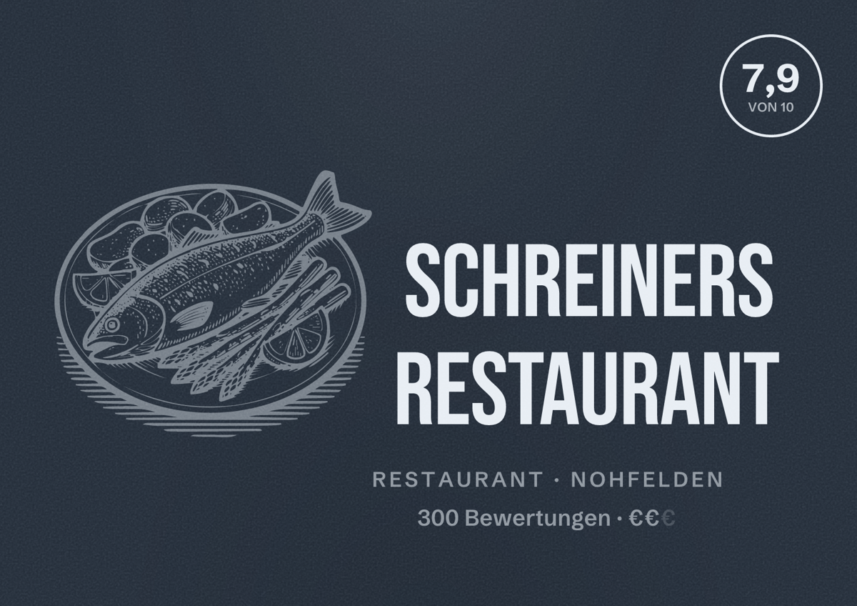 Illustriertes Poster von Schreiners Restaurant, Restaurant in Nohfelden: Bewertung 7,9 von 10 aus 300 Bewertungen, Preisniveau €€