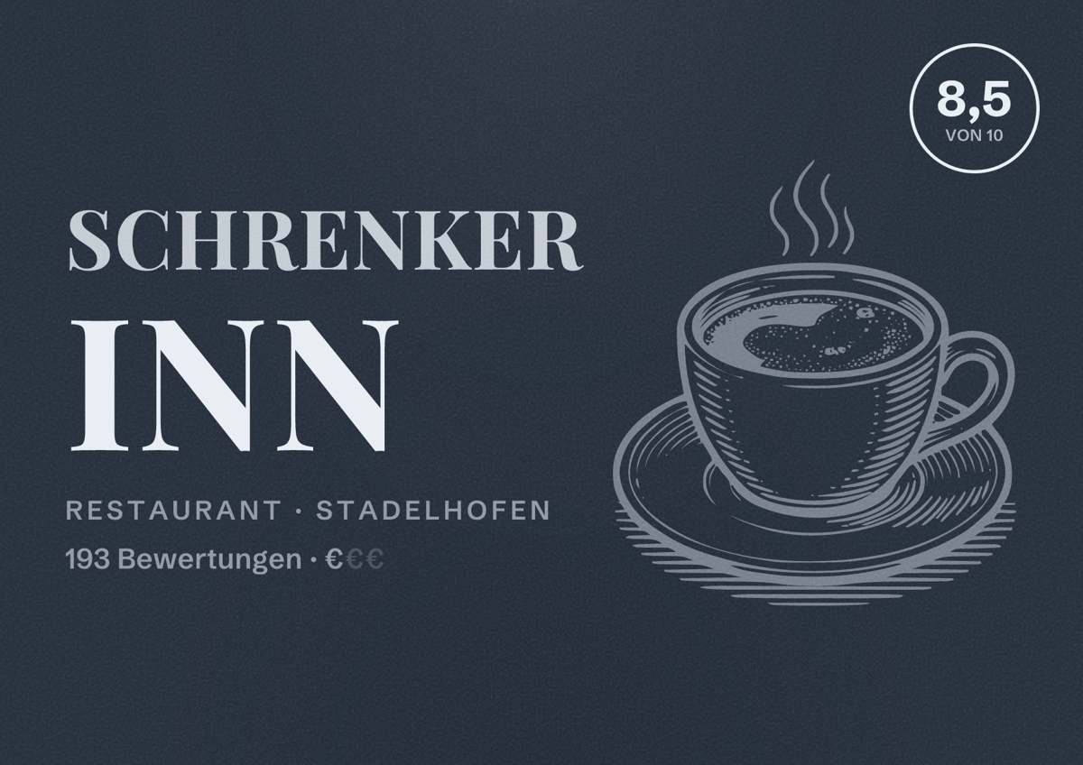 Illustriertes Poster von Schrenker Inn, Restaurant in Stadelhofen: Bewertung 8,5 von 10 aus 193 Bewertungen, Preisniveau €