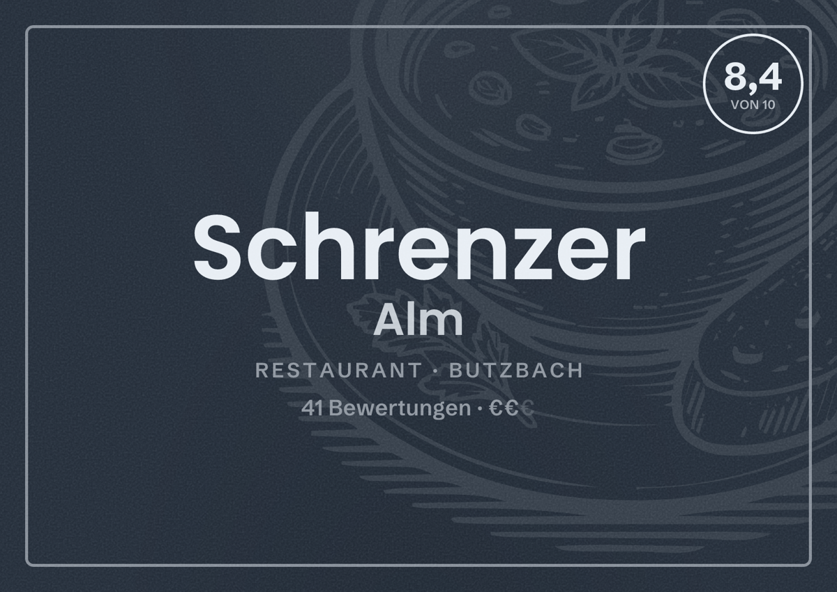 Illustriertes Poster von Schrenzer Alm, Restaurant in Butzbach: Bewertung 8,4 von 10 aus 41 Bewertungen, Preisniveau €€