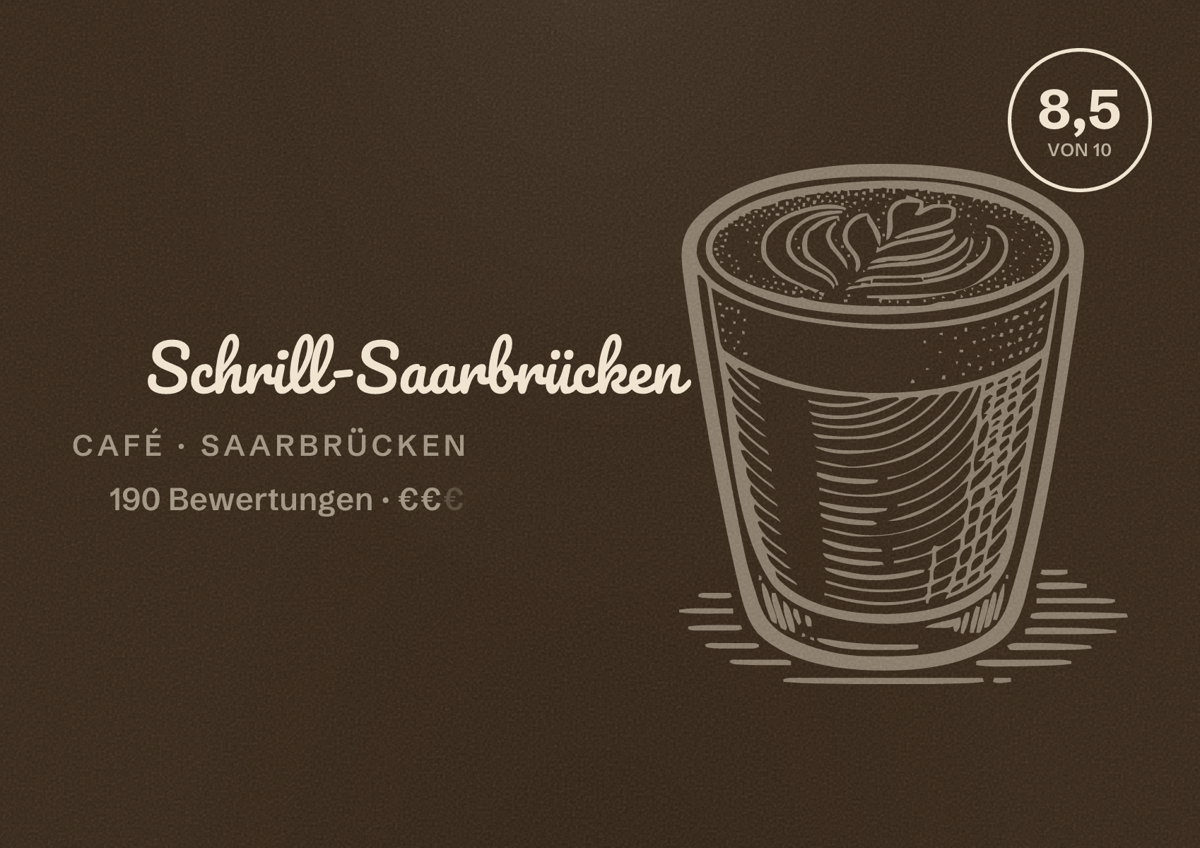 Illustriertes Poster von Schrill-Saarbrücken, Café in Saarbrücken: Bewertung 8,5 von 10 aus 190 Bewertungen, Preisniveau €€