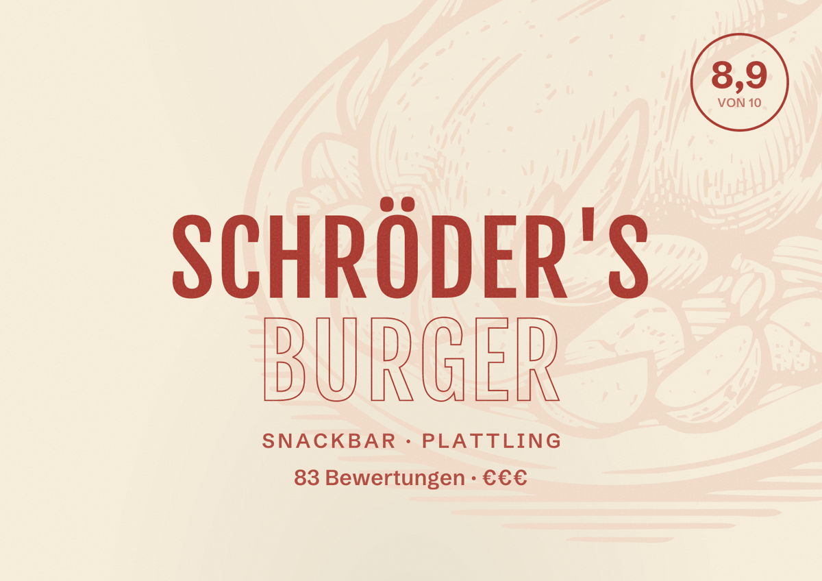 Illustriertes Poster von Schröder's Burger, Snackbar in Plattling: Bewertung 8,9 von 10 aus 83 Bewertungen, Preisniveau €€€