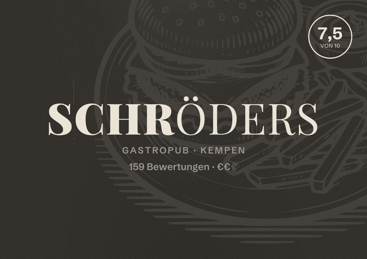 Illustriertes Poster von Schröders, Gastropub in Kempen: Bewertung 7,5 von 10 aus 159 Bewertungen, Preisniveau €€