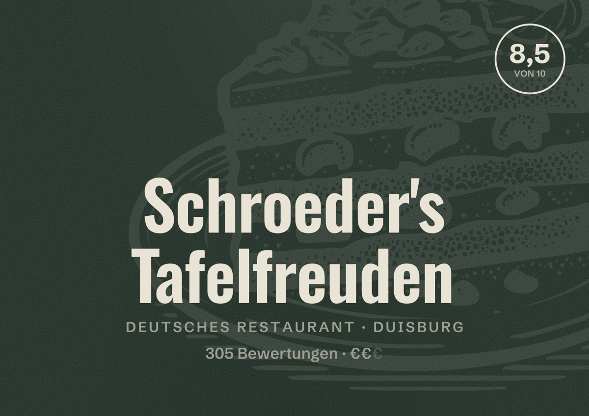 Illustriertes Poster von Schroeder's Tafelfreuden, Deutsches Restaurant in Duisburg: Bewertung 8,5 von 10 aus 305 Bewertungen, Preisniveau €€