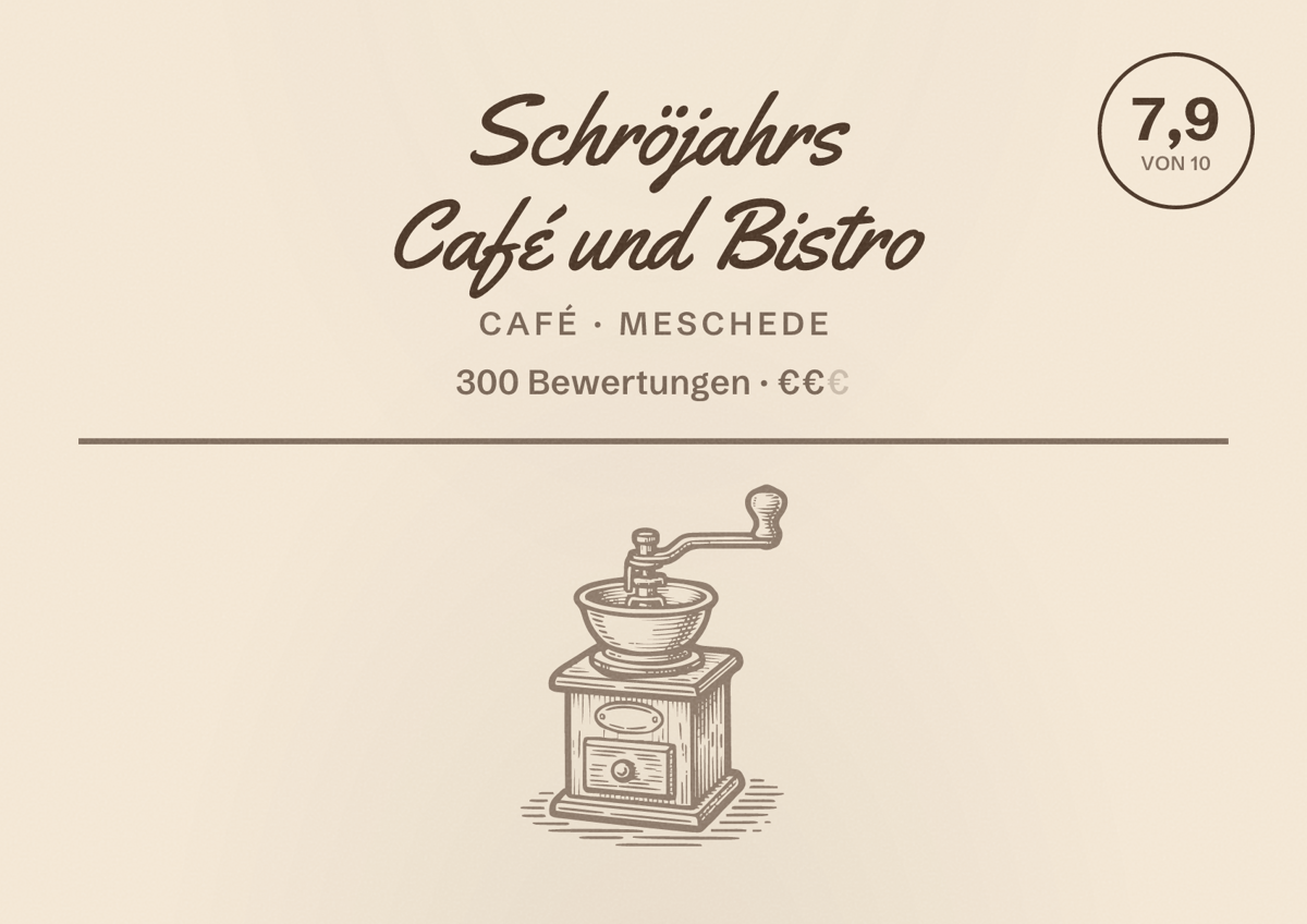 Illustriertes Poster von Schröjahrs Café und Bistro, Café in Meschede: Bewertung 7,9 von 10 aus 300 Bewertungen, Preisniveau €€