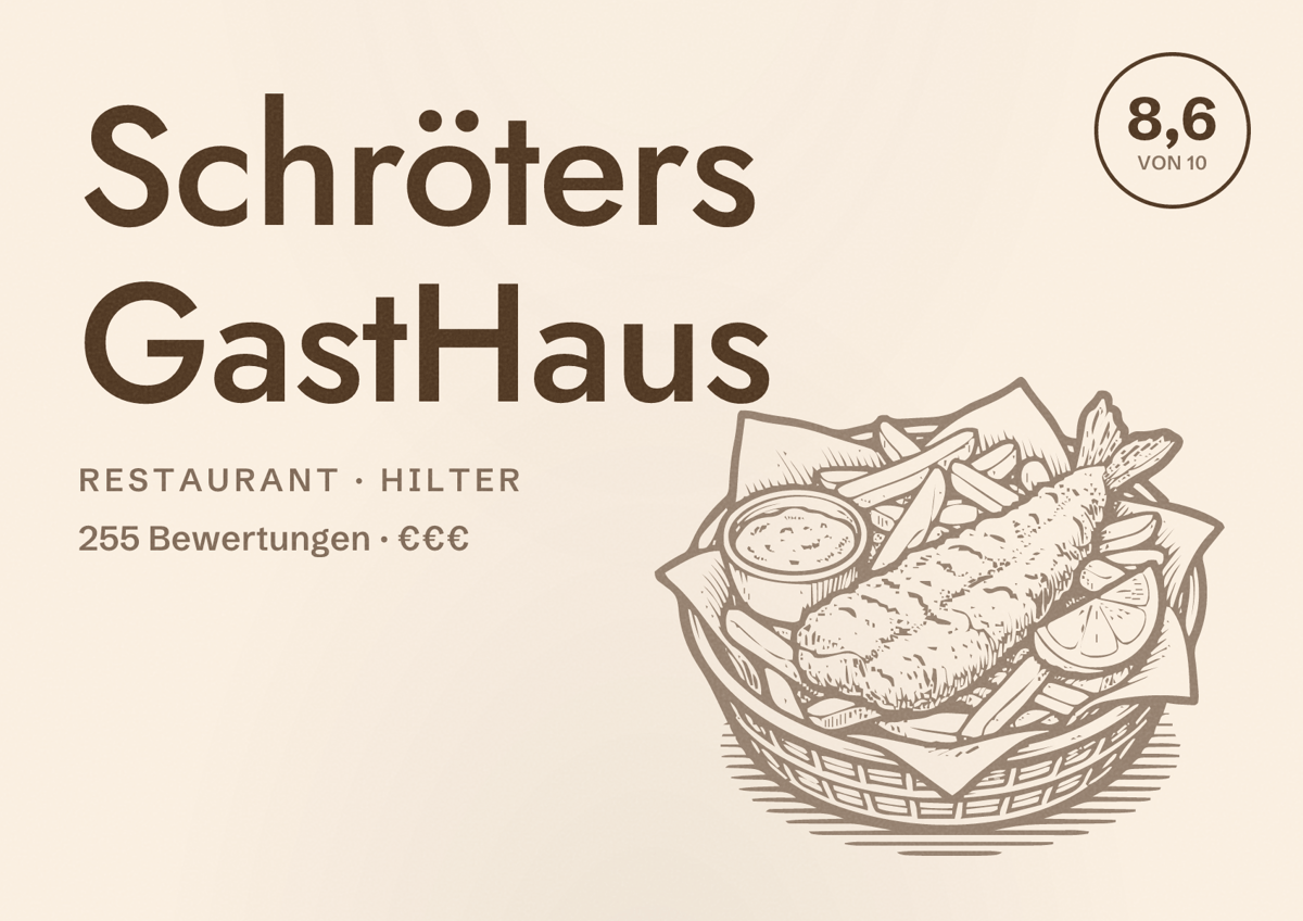 Illustriertes Poster von Schröters GastHaus, Restaurant in Hilter: Bewertung 8,6 von 10 aus 255 Bewertungen, Preisniveau €€€