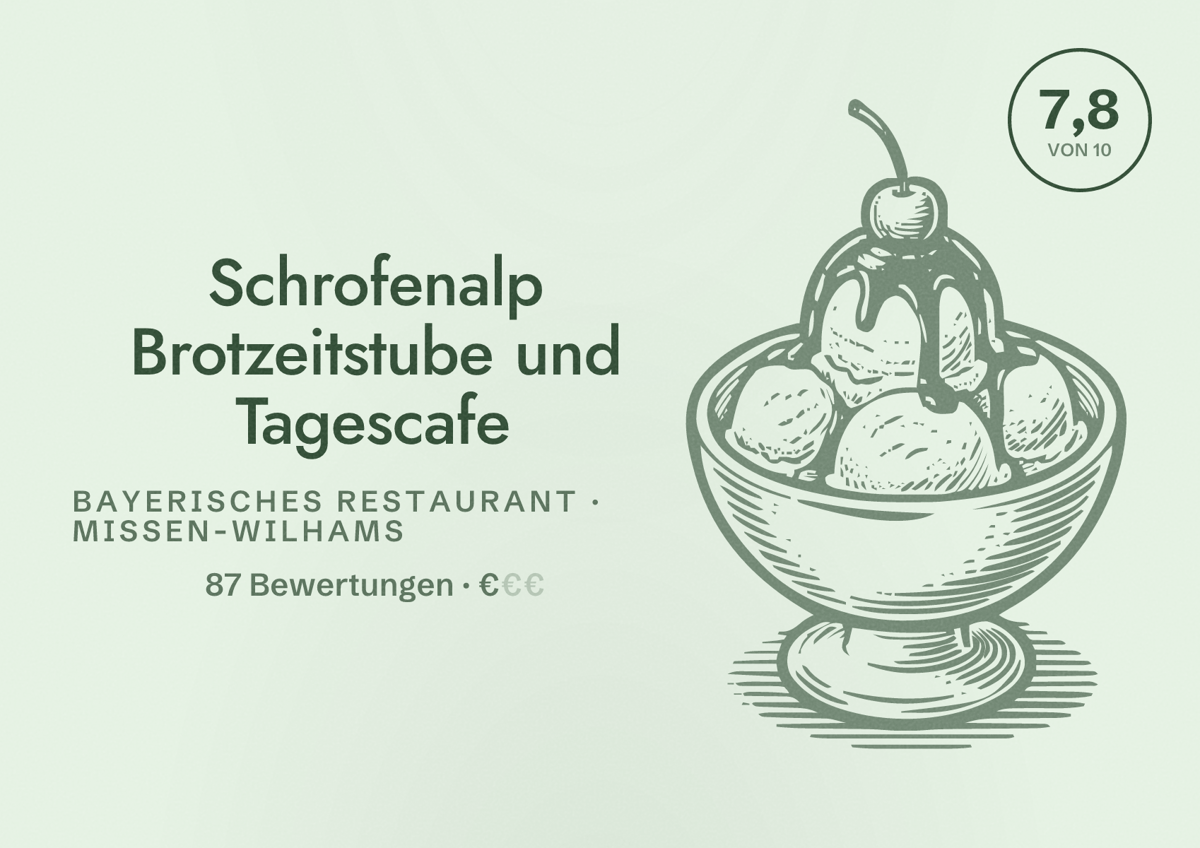 Illustriertes Poster von Schrofenalp Brotzeitstube und Tagescafe, Bayerisches Restaurant in Missen-Wilhams: Bewertung 7,8 von 10 aus 87 Bewertungen, Preisniveau €