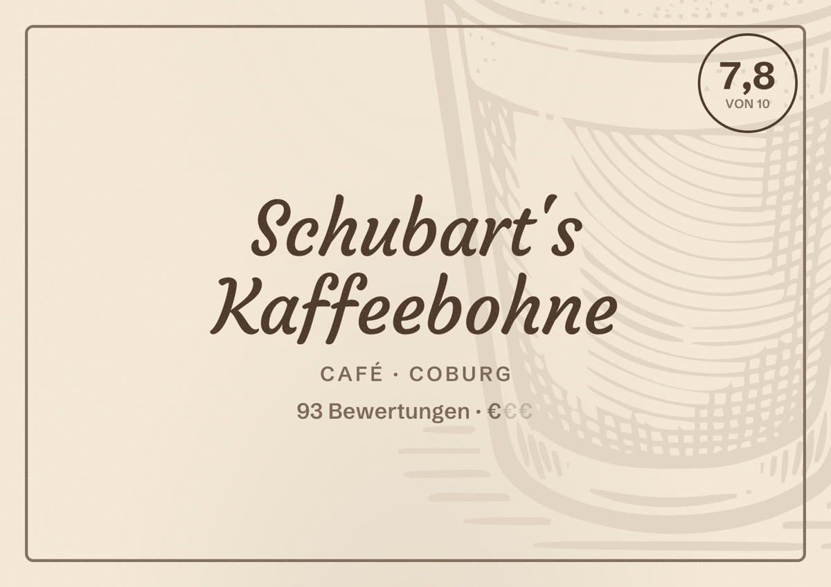 Illustriertes Poster von Schubart's Kaffeebohne, Café in Coburg: Bewertung 7,8 von 10 aus 93 Bewertungen, Preisniveau €