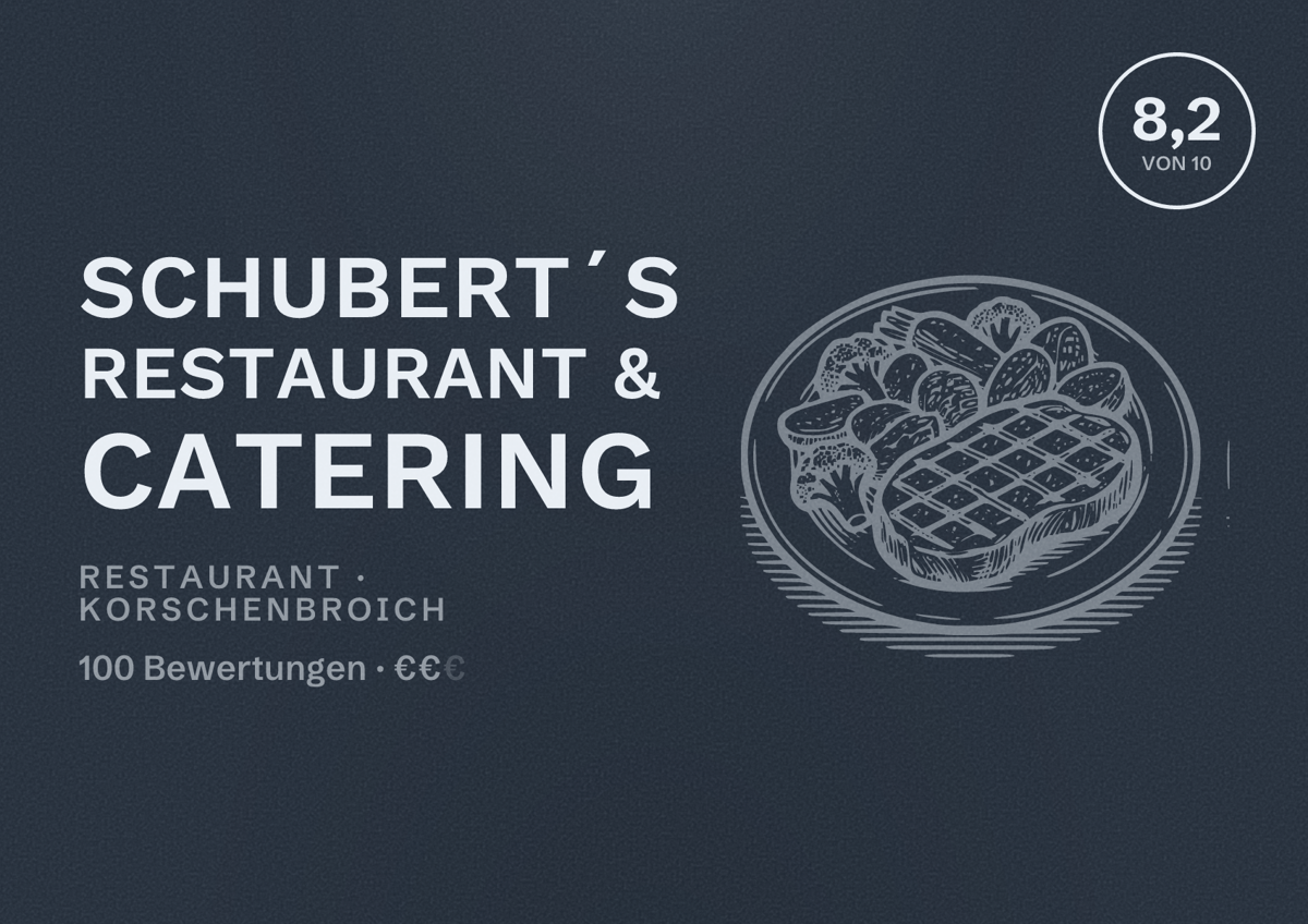 Illustriertes Poster von Schubert´s Restaurant & Catering, Restaurant in Korschenbroich: Bewertung 8,2 von 10 aus 100 Bewertungen, Preisniveau €€