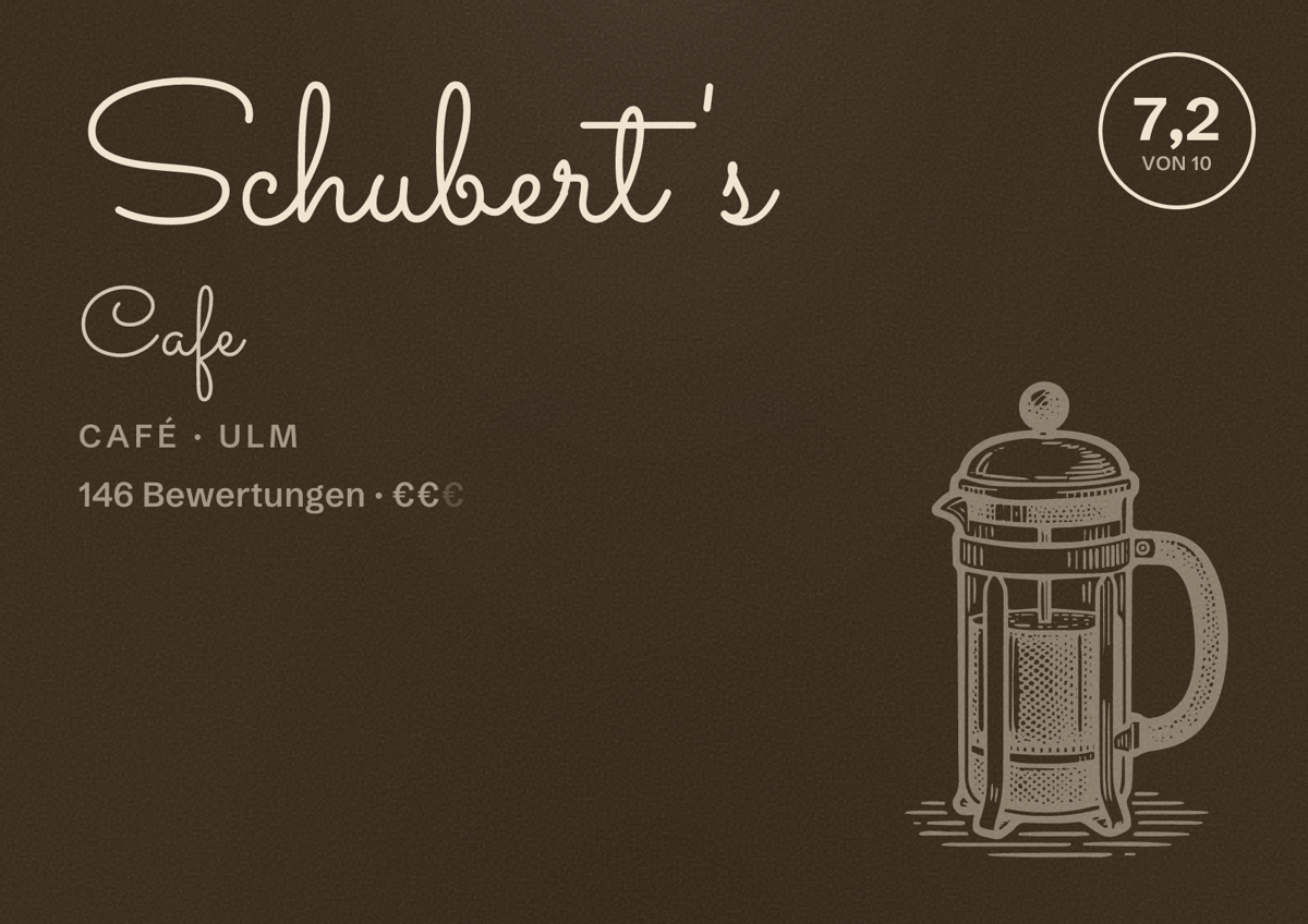 Illustriertes Poster von Schubert's Cafe, Café in Ulm: Bewertung 7,2 von 10 aus 146 Bewertungen, Preisniveau €€