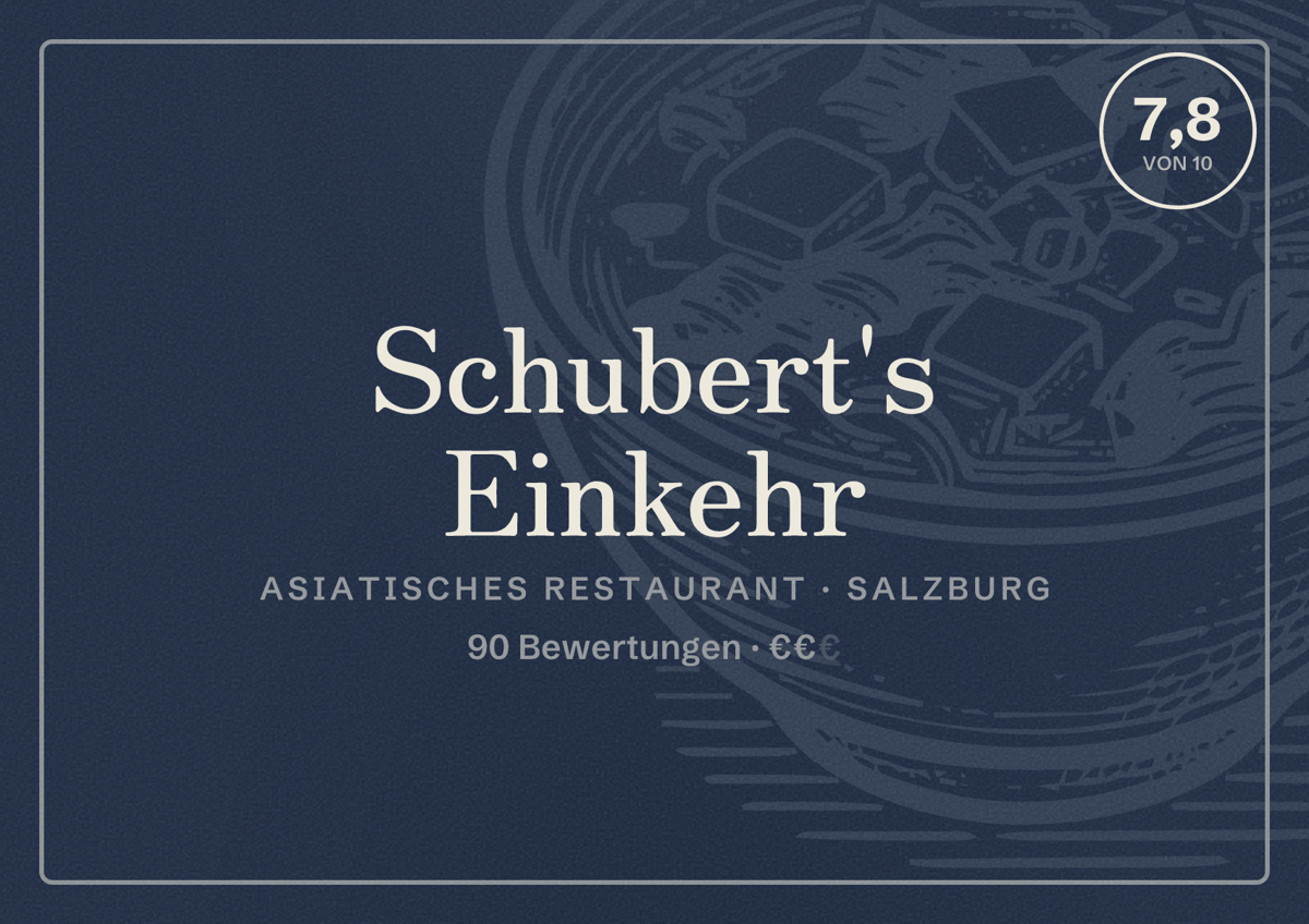 Illustriertes Poster von Schubert's Einkehr, Asiatisches Restaurant in Salzburg: Bewertung 7,8 von 10 aus 90 Bewertungen, Preisniveau €€
