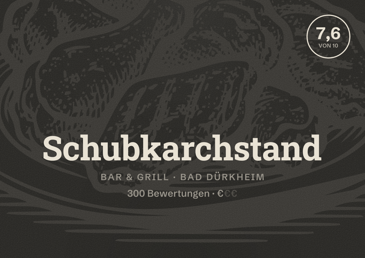 Illustriertes Poster von Schubkarchstand, Bar & Grill in Bad Dürkheim: Bewertung 7,6 von 10 aus 300 Bewertungen, Preisniveau €