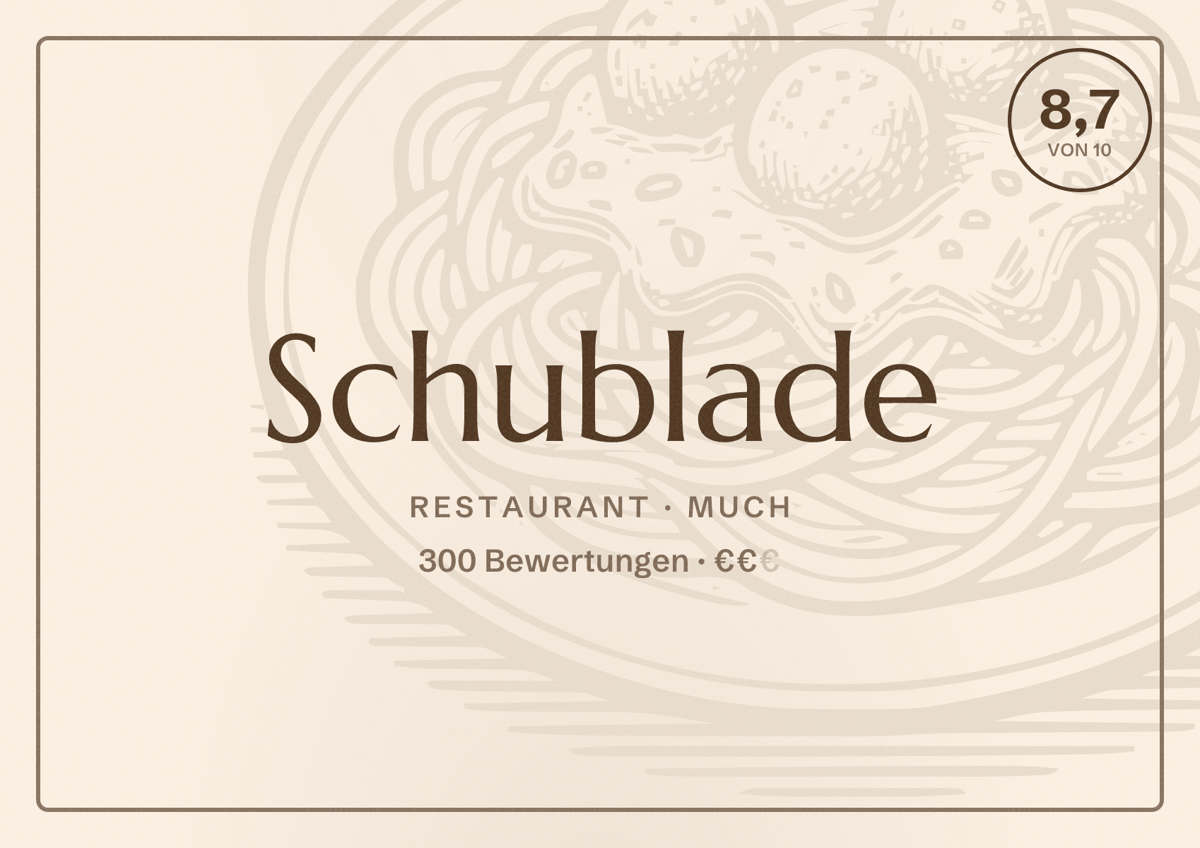 Illustriertes Poster von Schublade, Restaurant in Much: Bewertung 8,7 von 10 aus 300 Bewertungen, Preisniveau €€