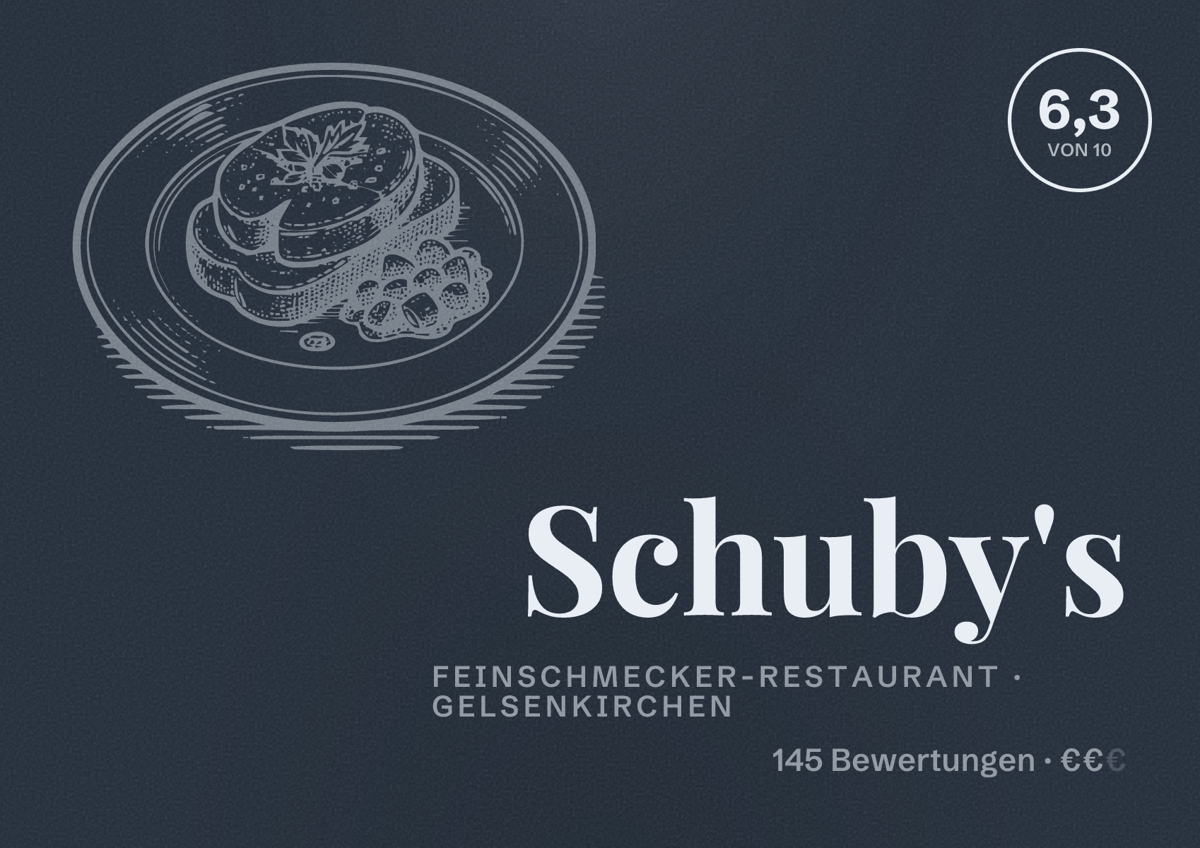 Illustriertes Poster von Schuby's, Feinschmecker-Restaurant in Gelsenkirchen: Bewertung 6,3 von 10 aus 145 Bewertungen, Preisniveau €€