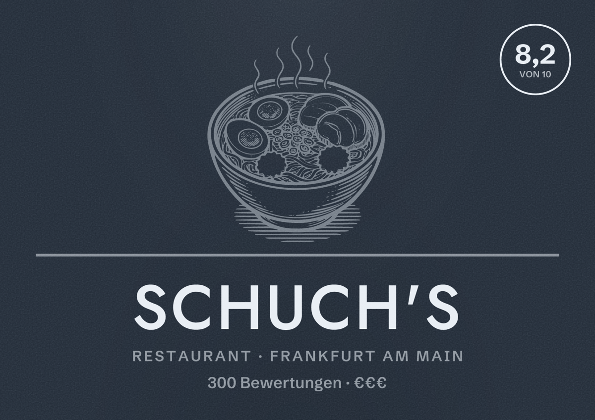 Illustriertes Poster von Schuch's, Restaurant in Frankfurt am Main: Bewertung 8,2 von 10 aus 300 Bewertungen, Preisniveau €€€