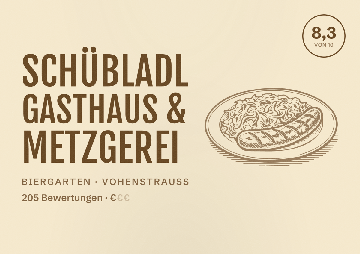 Illustriertes Poster von SCHÜBLADL Gasthaus & Metzgerei, Biergarten in Vohenstrauß: Bewertung 8,3 von 10 aus 205 Bewertungen, Preisniveau €