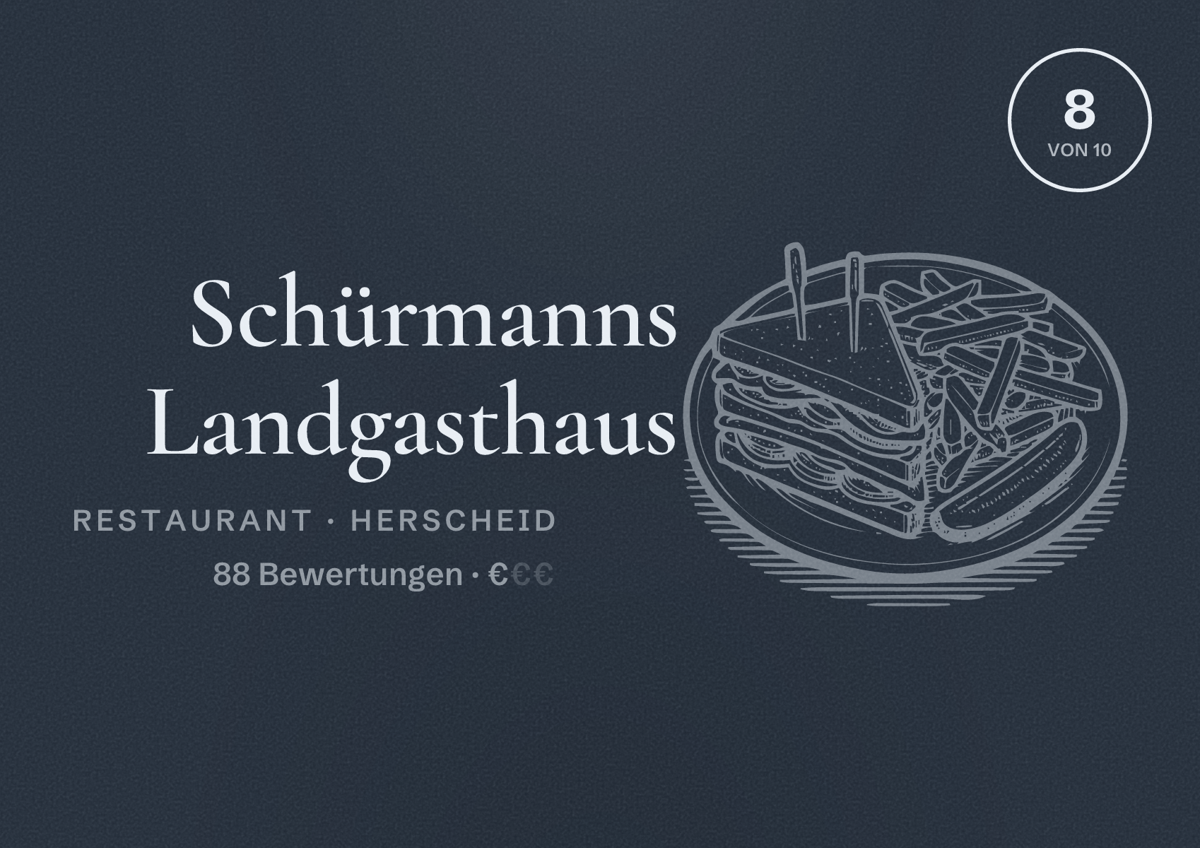Illustriertes Poster von Schürmanns Landgasthaus, Restaurant in Herscheid: Bewertung 8 von 10 aus 88 Bewertungen, Preisniveau €