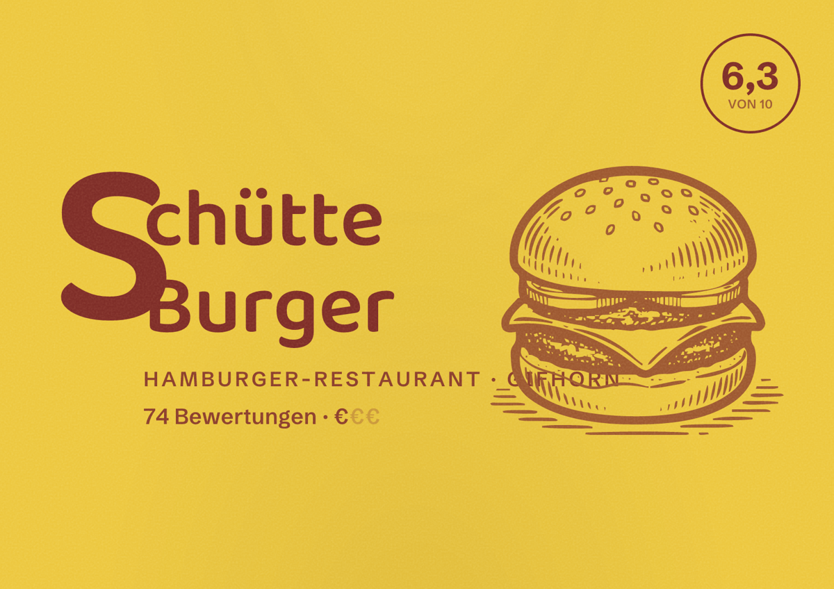 Illustriertes Poster von Schütte Burger, Hamburger-Restaurant in Gifhorn: Bewertung 6,3 von 10 aus 74 Bewertungen, Preisniveau €