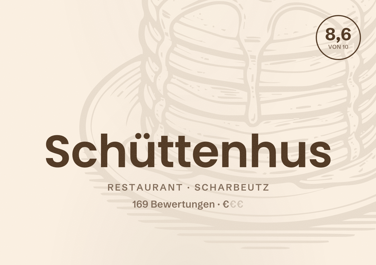 Illustriertes Poster von Schüttenhus, Restaurant in Scharbeutz: Bewertung 8,6 von 10 aus 169 Bewertungen, Preisniveau €